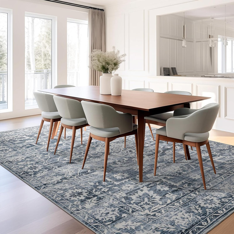 Machine Washable Medallion Floral Area Rug(Blue), Rectangle 5' x 7'