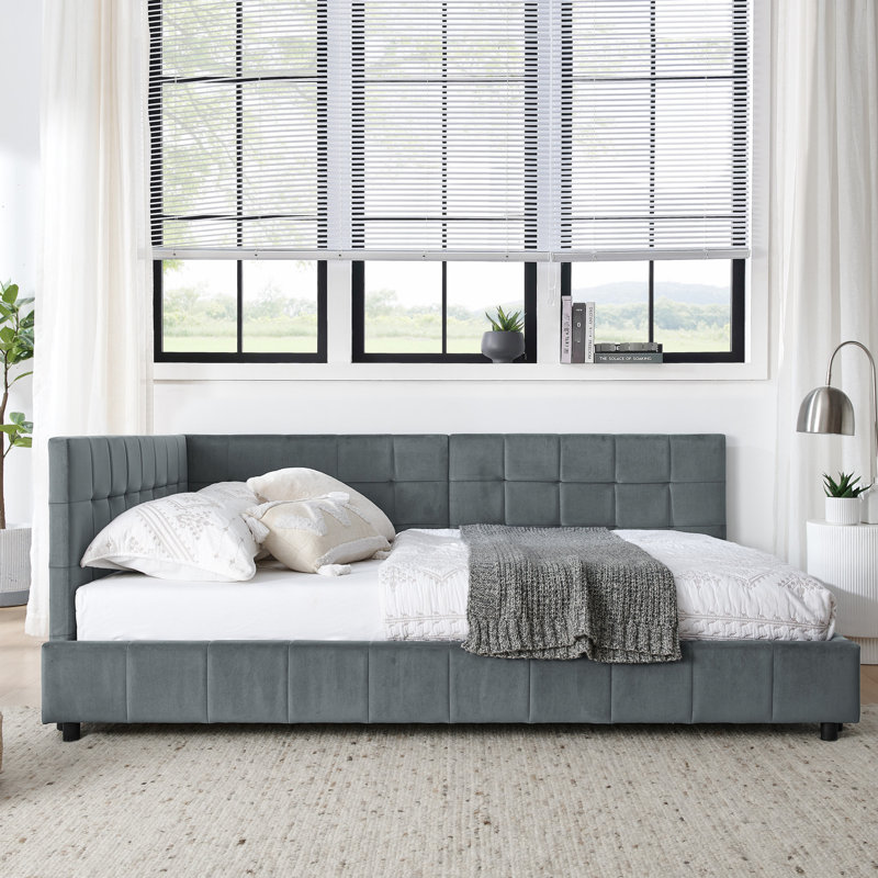 Structure de lit double pleine grandeur avec velours gris et accoudoirs pour le salon de la chambre à coucher