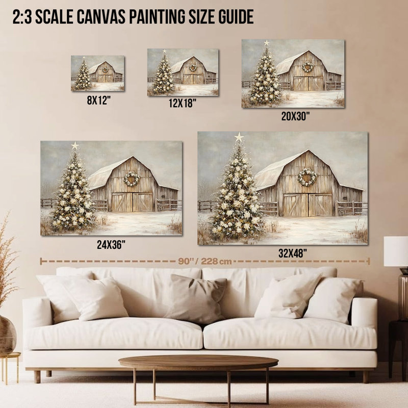 Grand Chalmers - Winter Barn Christmas Tree, décoration murale, art de campagne rétro, toile d'art mural pour salon, cadre encadré, 36 po x 48 po