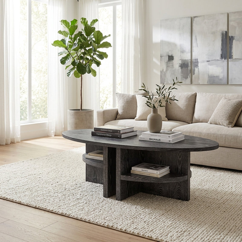 Gray Modern Neutral Oval Coffee Table with Shelves Contemporary - 53" x 28" x 18"