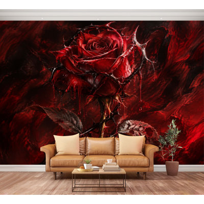 Murale pelez et collez roses rouges épineuses et épineuses, effet de gouttes, grand papier peint abstrait, autocollant, papier contact amovible, décoration murale pour le salon, chambre à coucher, chambre de bébé H 100 po x l 144 po
