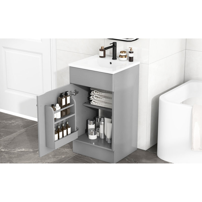 Meuble-lavabo gris 18 po - Construction avec lavabo en céramique à finition moderne et tablette réglable pour un rangement sur mesure
