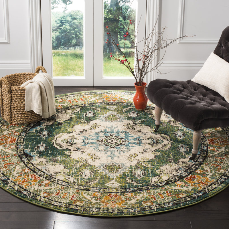 Almyra Oriental Area Rug, Round 5', Forest Green/Light Blue