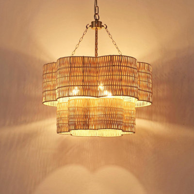 20" 3-Light Double-shaded Scalloped Rattan Chandelier
