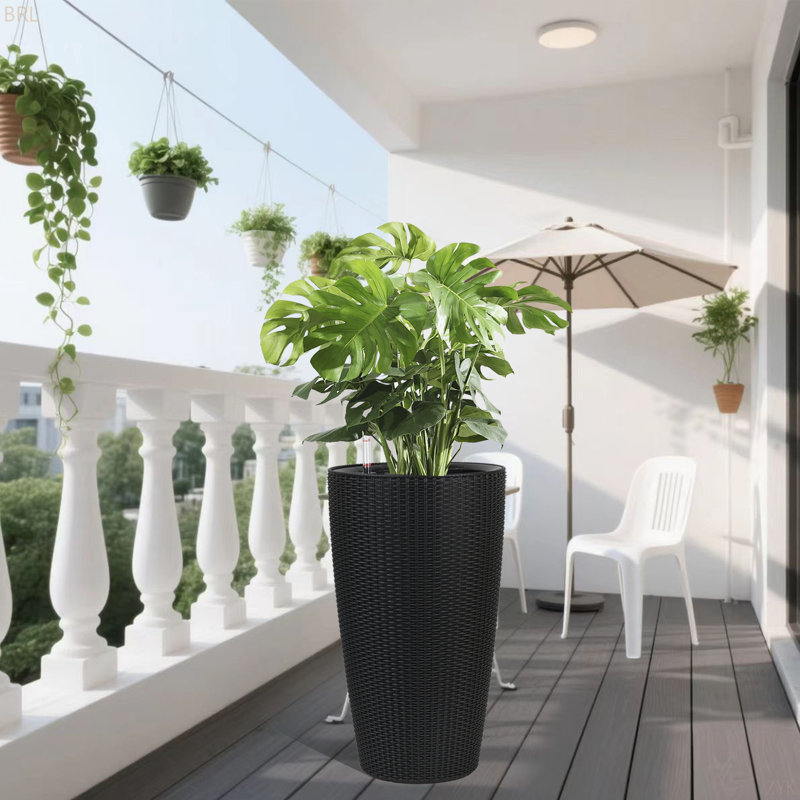 Set Of 2 Faux Rattan Tall Planters Outdoor Indoor Large Planters With Water Level Monitor Inner Bucket, Automatic Watering, Flower Plant Pots For Garden, Patio, Porch, Backyard