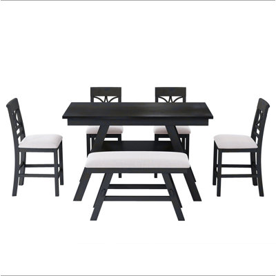 6-Piece Wood Counter Height Dining Table Set with Storage Shelf, Kitchen Table Set with Bench and 4 Chairs,Rustic Style