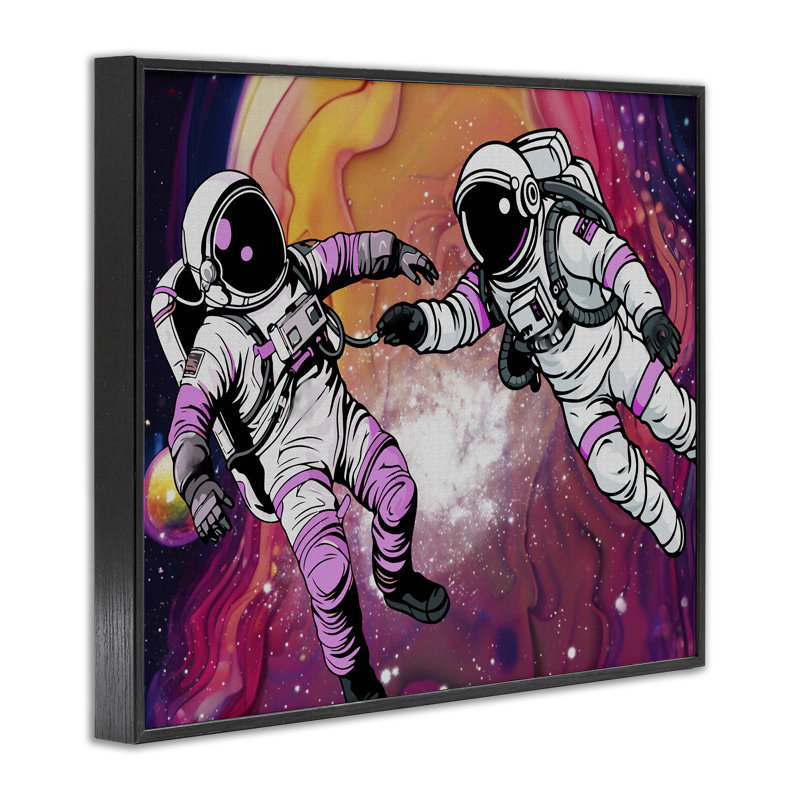 Astronautes de l'espace cosmique tourbillonnant, estampe numérique, conception par Jesse Keith, Giclée encadrée noir minuit
