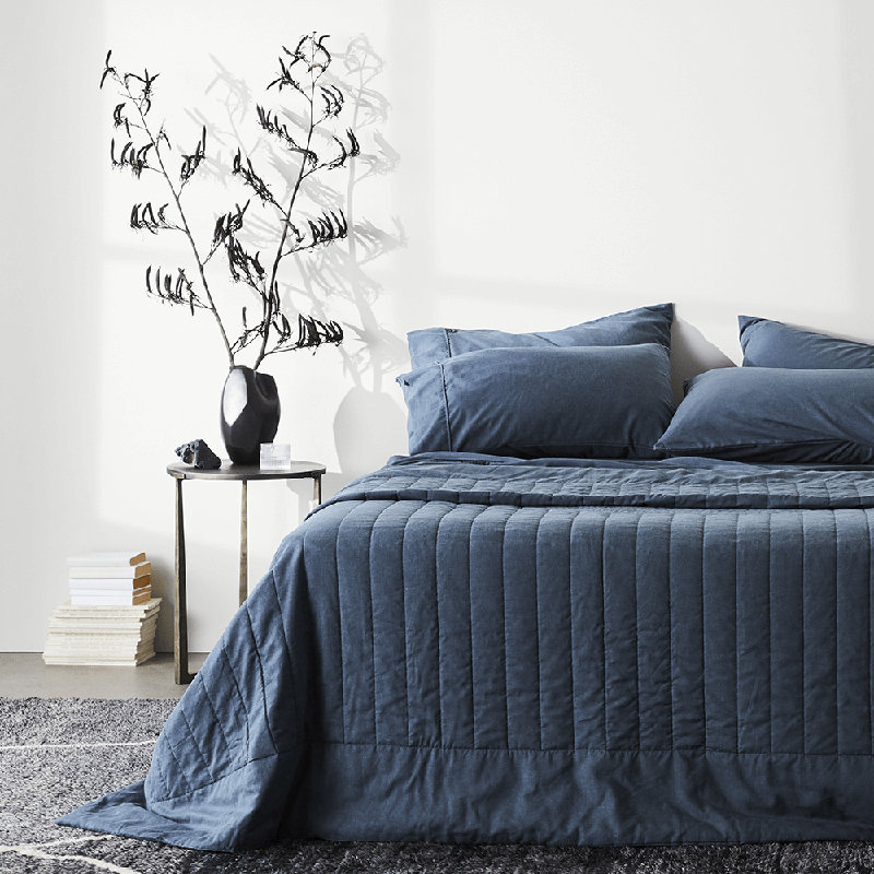 Linen Coverlet, Bleu, Couvre-lit pour grand lit