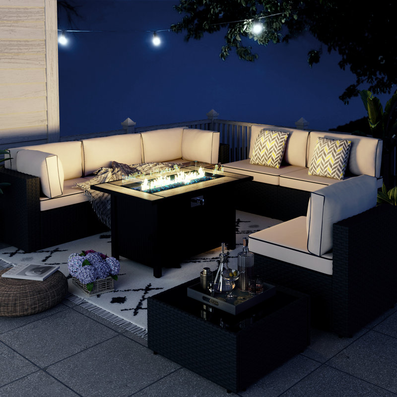 Bushrah 6-Person Outdoor Wicker Patio Seating Group with Cushions and Fire Pit, Black, Khaki