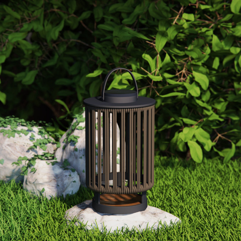 Outdoor Solar Lanterns Patio Decorative Floor Lights Aluminum Braided Rope Lantern with Handle,Brown,15.8 Inches, Brown