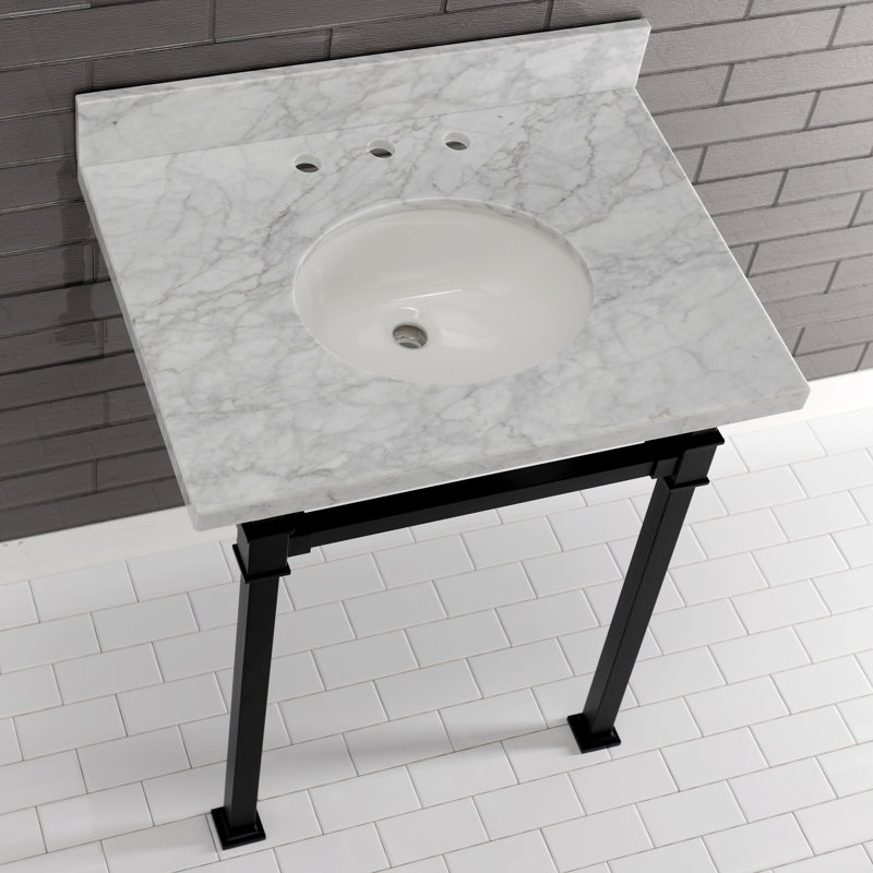 Kingston Brass Monarch 30-Inch Carrara Marble Console Sink with Stainless Steel Legs (8-Inch, 3-Hole)