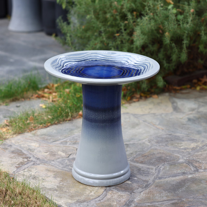 Blue Waves 18-Inch Tall Ceramic Birdbath