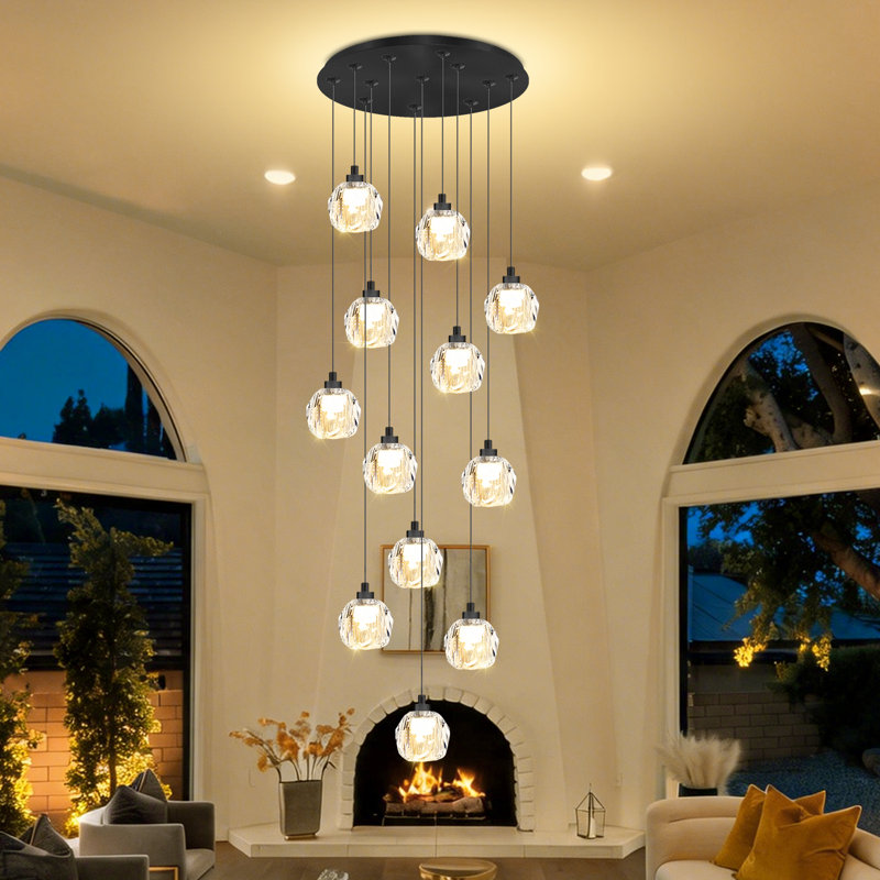D20 "x H 120" , Lustre boule de cristal noir 12 lumières compatible avec plafond encastré à haute température à température de couleur réglable 2700K 4500K 6000K pour le vestibule du vestibule