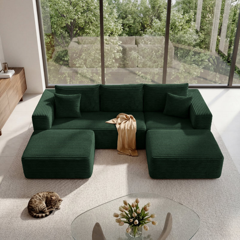 Boneless U-Shaped Modular Sectional Sofa, 3-5 Seater Cozy Washable Corduroy Couch, Dark Green Corduroy