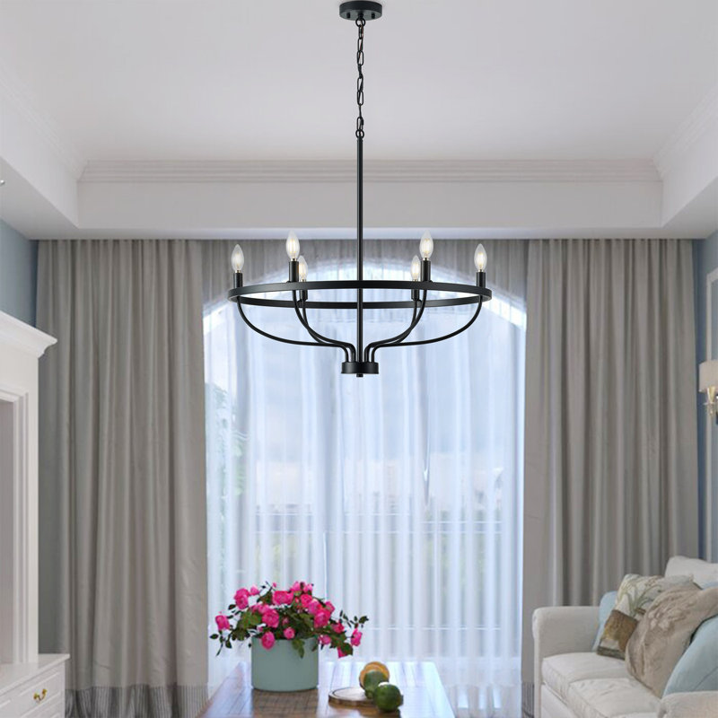 Luminaire de style lustre industriel rond classique 6 lumières Bellandra, Noir