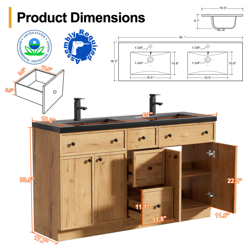 Meuble-lavabo double 60 po avec lavabo en résine 60 po Modern, Chêne, 60"