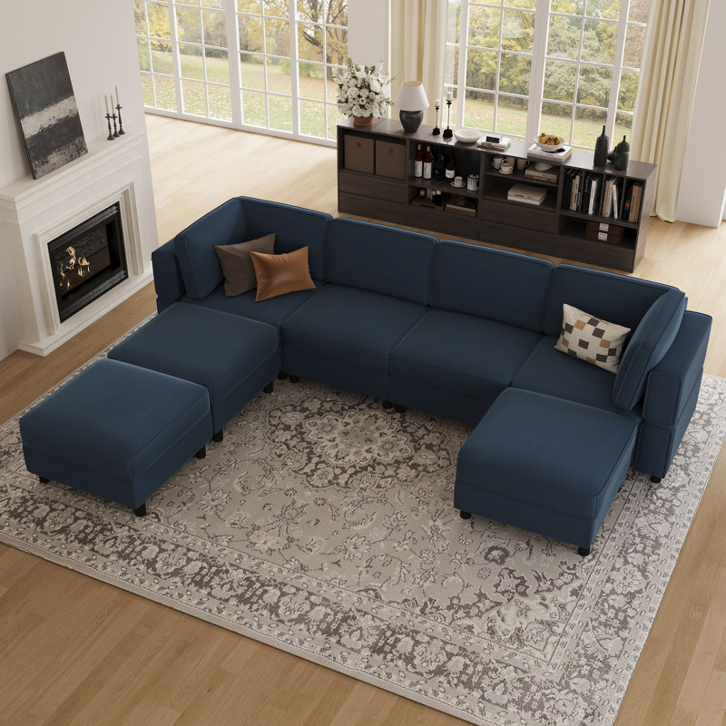 U Shaped Modular Sectional Sectional Sofa With Chaise & Ottoman, Blue Velvet