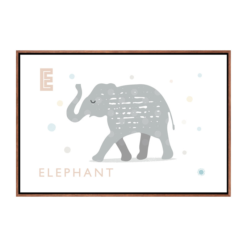 E Is for Elephant - impression d'art graphique, Pas de tapis, Toile avec cadre brun, H 18 po x l 26 po x P 1,5 po