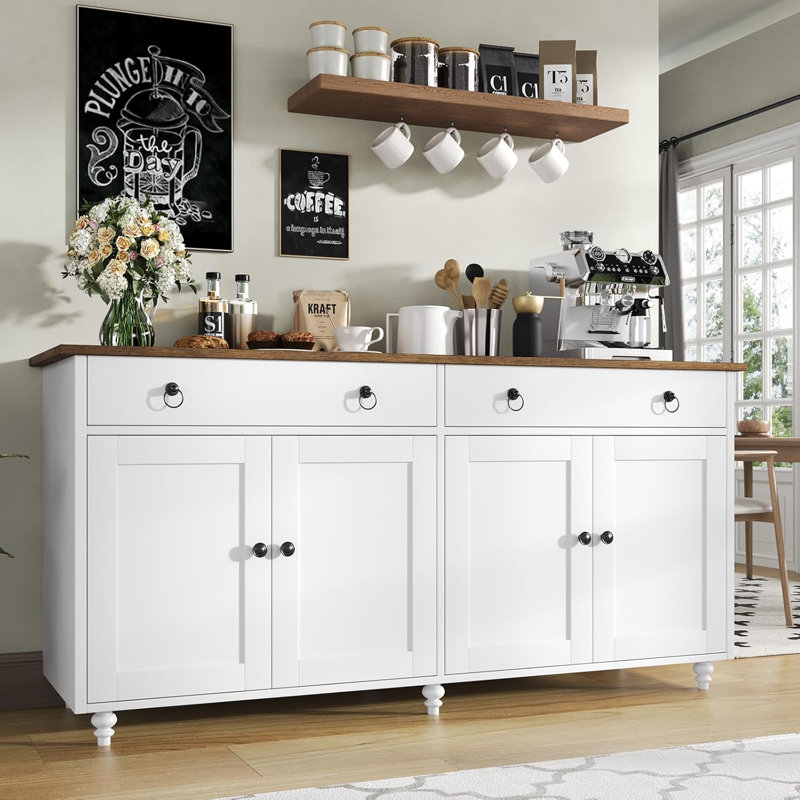55" Modern Farmhouse Sideboard Buffet Cabinet , Coffee Bar Cabinets, with 2 Drawers and 4 Doors, White