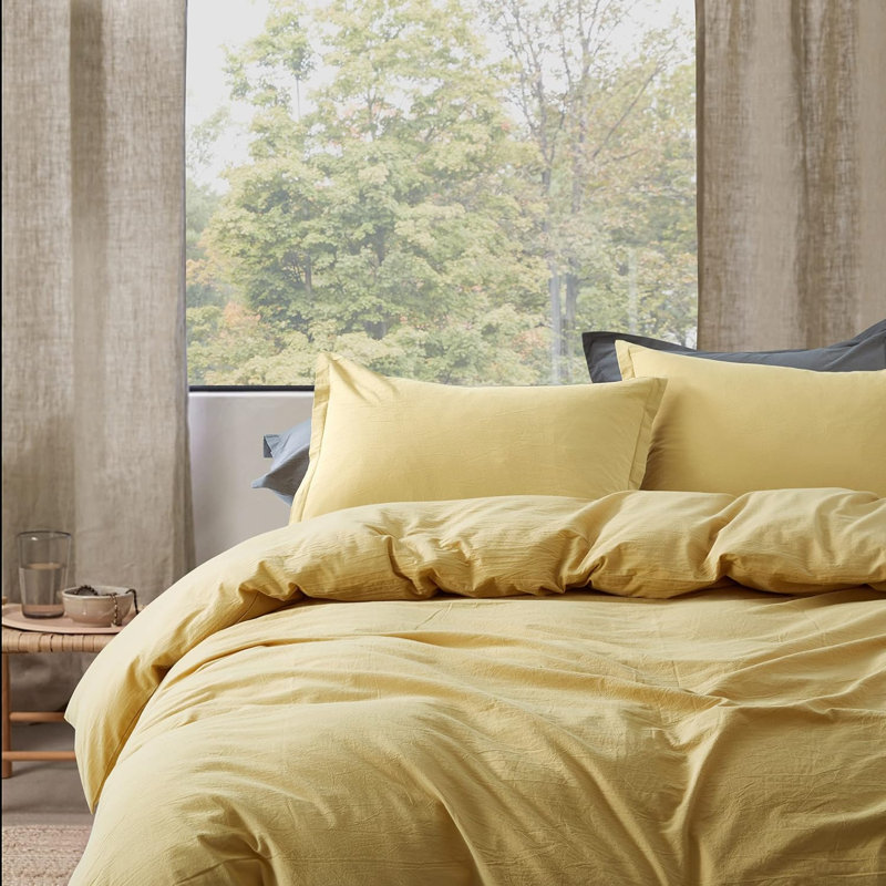 Ensemble de housse de couette en coton de couleur unie Stonewashed, Housse de couette grand + 2 grandes taies décorat