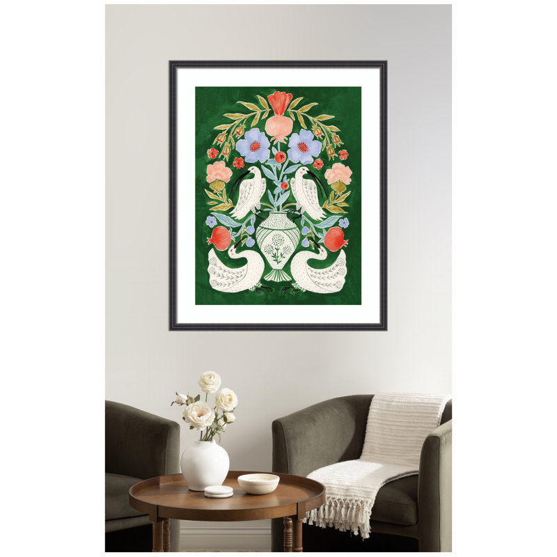 "Floral Folklore Ibises and Swan" par Jill Labieniec, reproduction d'art encadrée