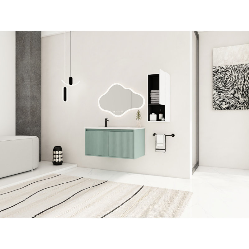 Meuble-lavabo de salle de bain 36 po avec lavabo en résine en forme de goutte et armoires latérales, blanc