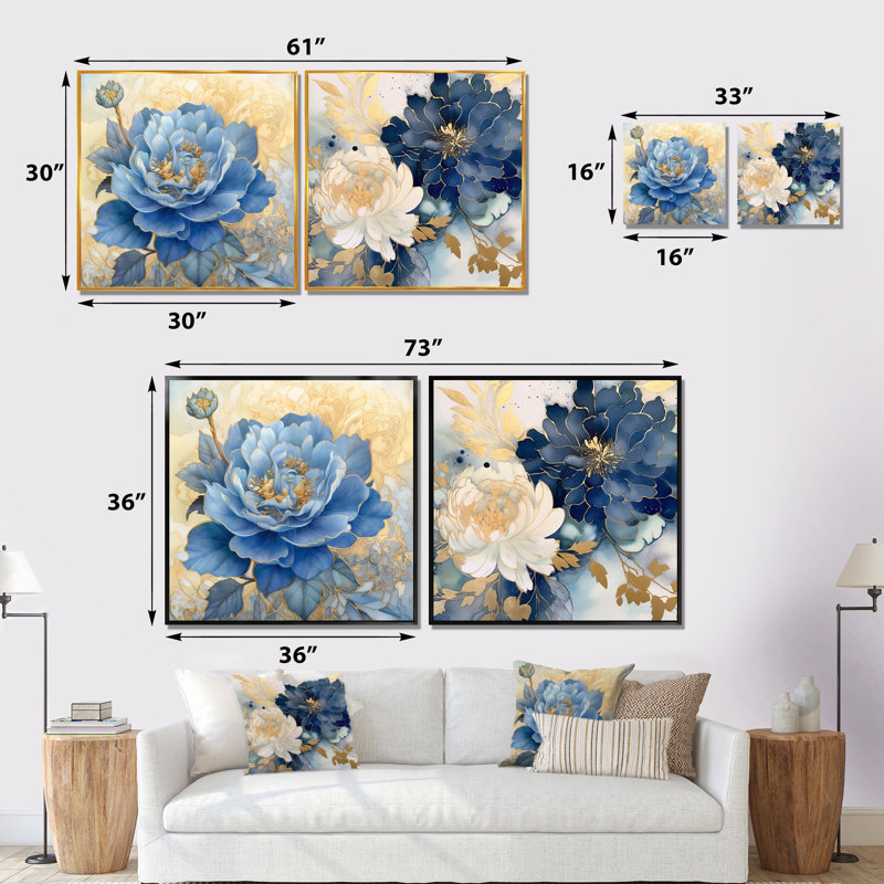 Blooming Blue White Chrysanthemum Retro Flowers - Flowers Square Collage Set Of 2, White Floater Framed, 36" H x 73" W