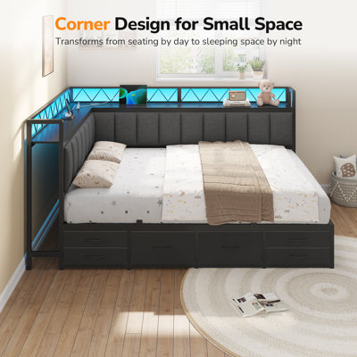 Full Size Corner Bed Frame with 6 Storage Drawers and Shelve,L-shaped Daybed with Bookcase Headboard, Full Bed with LED Light & Charging Station, Fabric Upholstered Fence,Gray