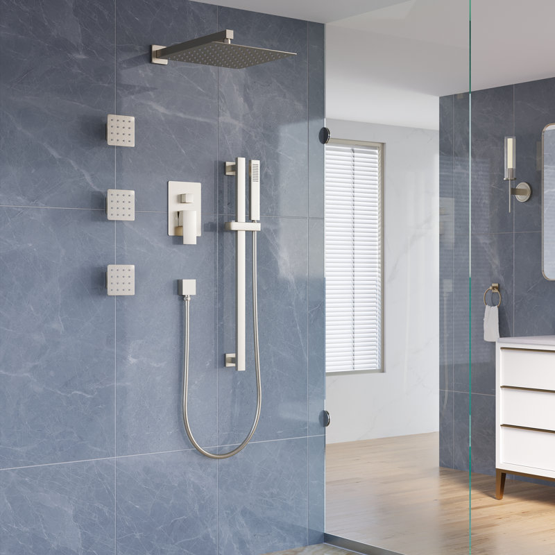 3-Function Shower System With 12" Ultra-Thin Square Shower Head,Body Jets And Hand Shower (Valve Included), Brushed Nickel