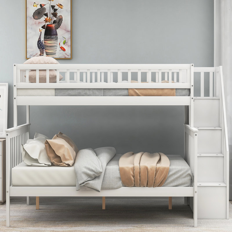 Solid Pine Twin Over Full Bunk Bed, White - With Ample Storage Bed With Area Construction