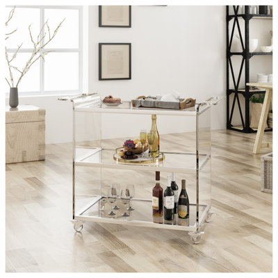 Chariot-bar moderne en acrylique avec tablettes en verre trempé et cadre chromé - Chariot de service roulant pour le salon