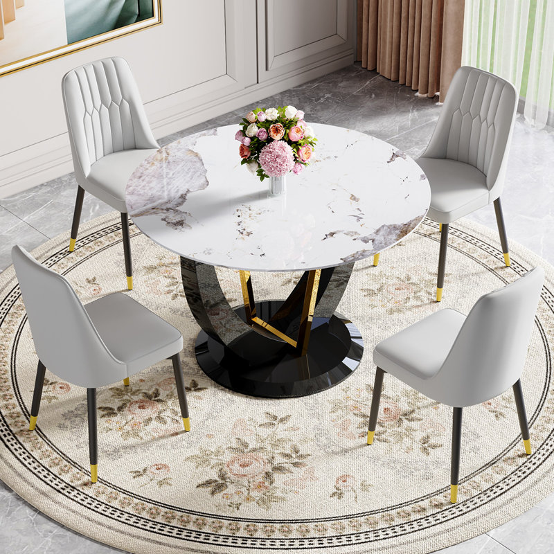 48" Modern Round Dining Table For 4-6 With Tempered Glass Tabletop, 5 Pieces: Table, 4 Chairs, Gray/Black