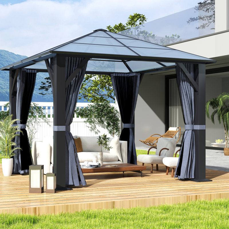 Patio Hardtop Steel Gazebo with Polycarbonate Roof, Curtains and Netting, 10' x 10', Gray