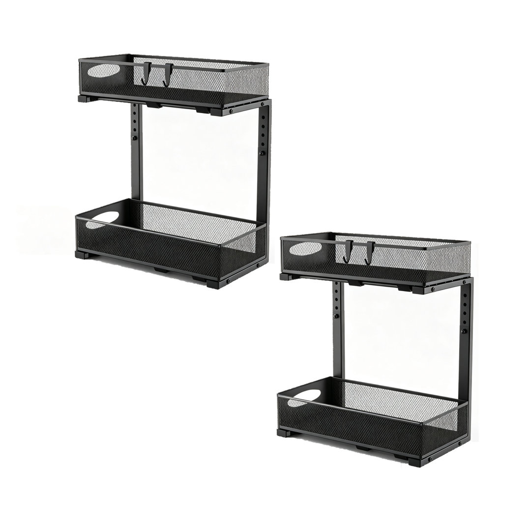 Black 2 Tier Under Sink Storage, Height Adjustable Pull Out Under Sink Organiser 2 Pack