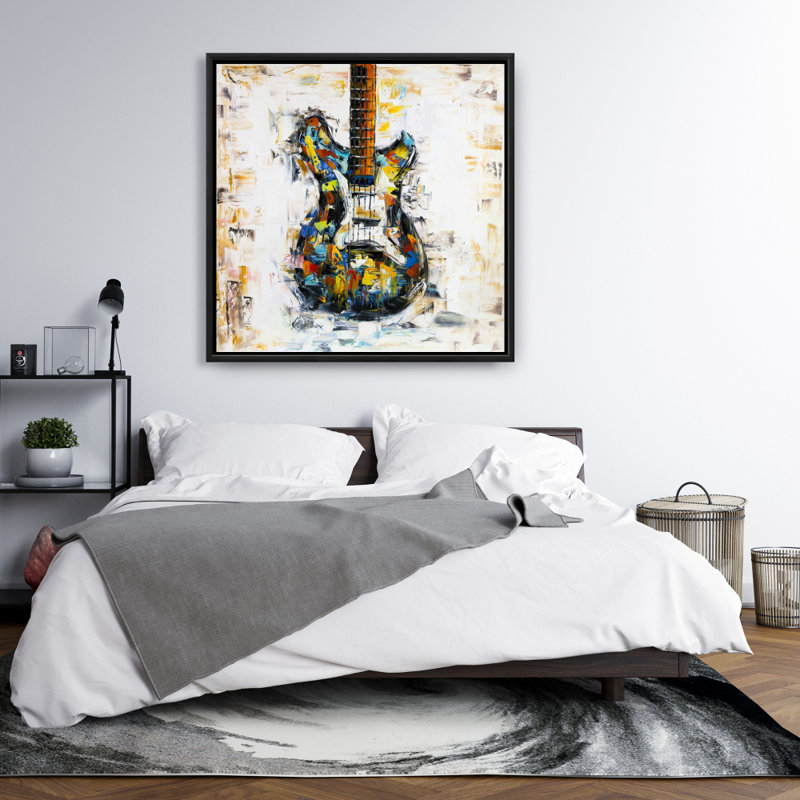 Guitare abstraite et colorée - Toile encadrée orange pour «Man Cave»