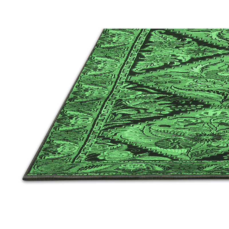 Tapis oriental en laine / polyester tissé à la machine en vert / noir, Rectangle de 5 pi x 8 pi