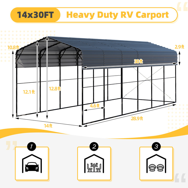 14x30 Ft Heavy Duty Metal Carport, Reinforced Steel Frame & Galvanized Roof, All-weather Outdoor Vehicle Shelter For Rv, Truck, Boat, Suv, Tractor