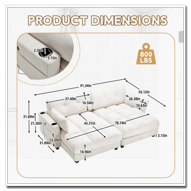 Méridienne surdimensionnée en velours côtelé, Beige