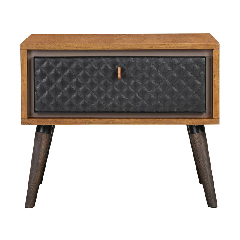 Lera Modern Nightstand with One Drawer in Rustic Oak Wood and Faux Leather