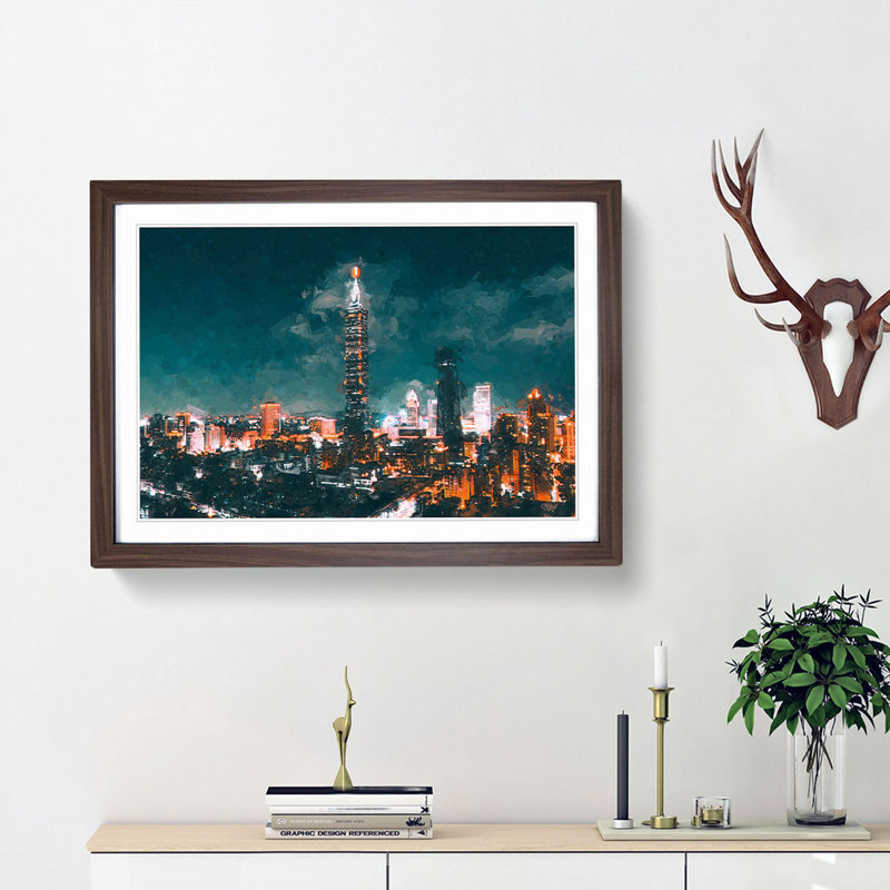 Taipei City Taiwan in Abstract - Picture Frame Graphic Art Print, 27cm H x 36cm W x 2cm D, Walnut Framed
