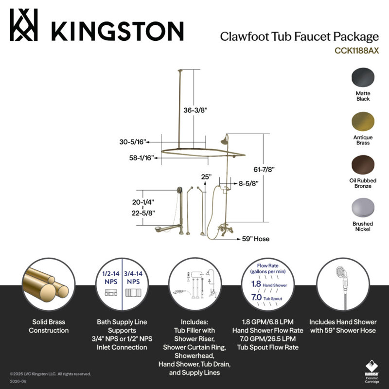 Kingston Brass Vintage Three-Handle 2-Hole Tub Wall Mount Clawfoot Tub Faucet Package with Shower Enclosure and Hand Shower
