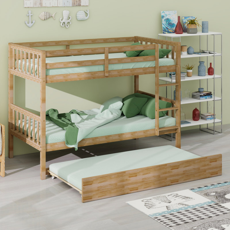 Bunk Bed With Trundle, Featuring Ladder And Safety Guardrails, White Oak