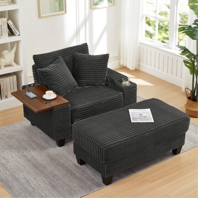 Fluffy Corduroy Storage Armrest Sofa,Single Versatile Seat with Ottoman,Cup Holder,Bluetooth Speaker,USB Ports,180°Rotating Table Board,For Living Room,Bedroom and Apartment