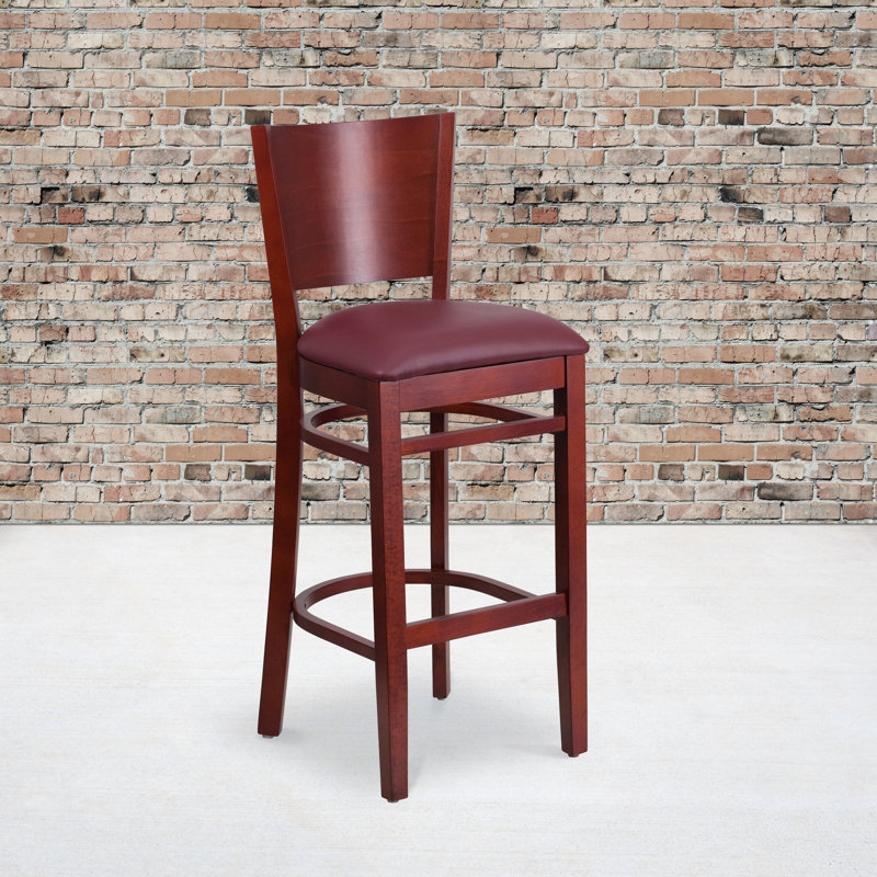 Claridge Solid Back Wooden Restaurant Barstool, Vinyl-Burgundy, Mahogany, 1