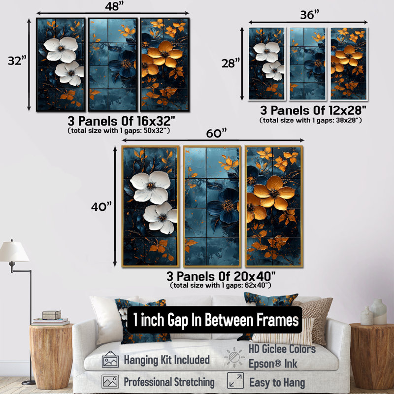 «Blue Polnesian Paradise Poppies Tiles I - Boho Tiles», ensemble d'art mural, Toile argentée avec cadre flottant