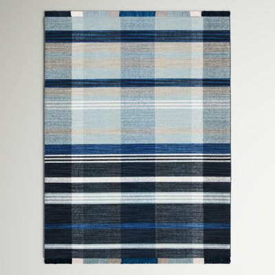 Anjail Flat Weave Wool/Cotton Plaid Rug in Black/Blue