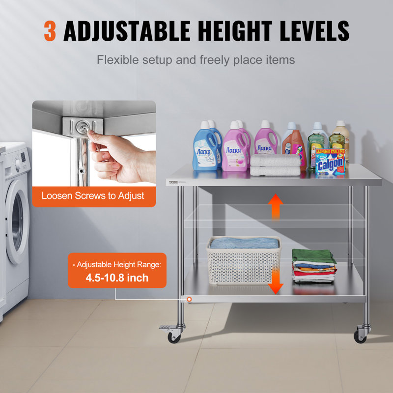 Table de travail portative réglable en acier inoxydable H 38 po VEVOR, H 38 po x L 48 po x l 30 po