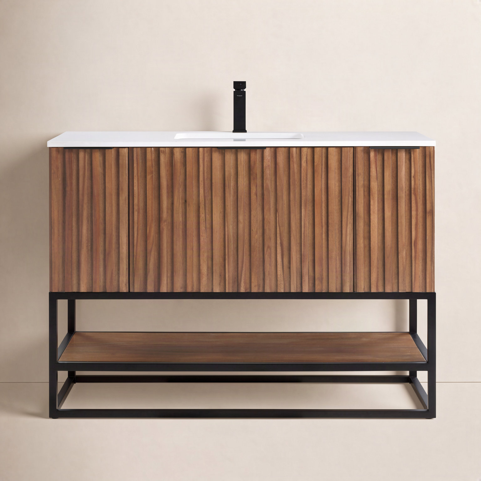 Terra 48" Carrara Marble Single Bathroom Vanity, White Quartz/Single Faucet Mount, Walnut, Matte Black