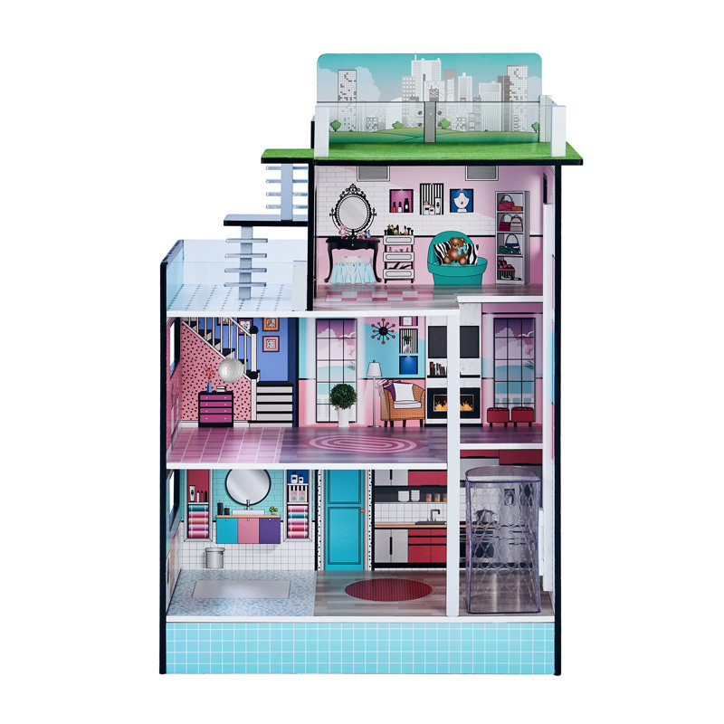 Maison de poupée en bois 3 étages avec élévateur de travail et 10 accessoires pour poupées 3,5 "Teamland Kids Dreamland Barcelona