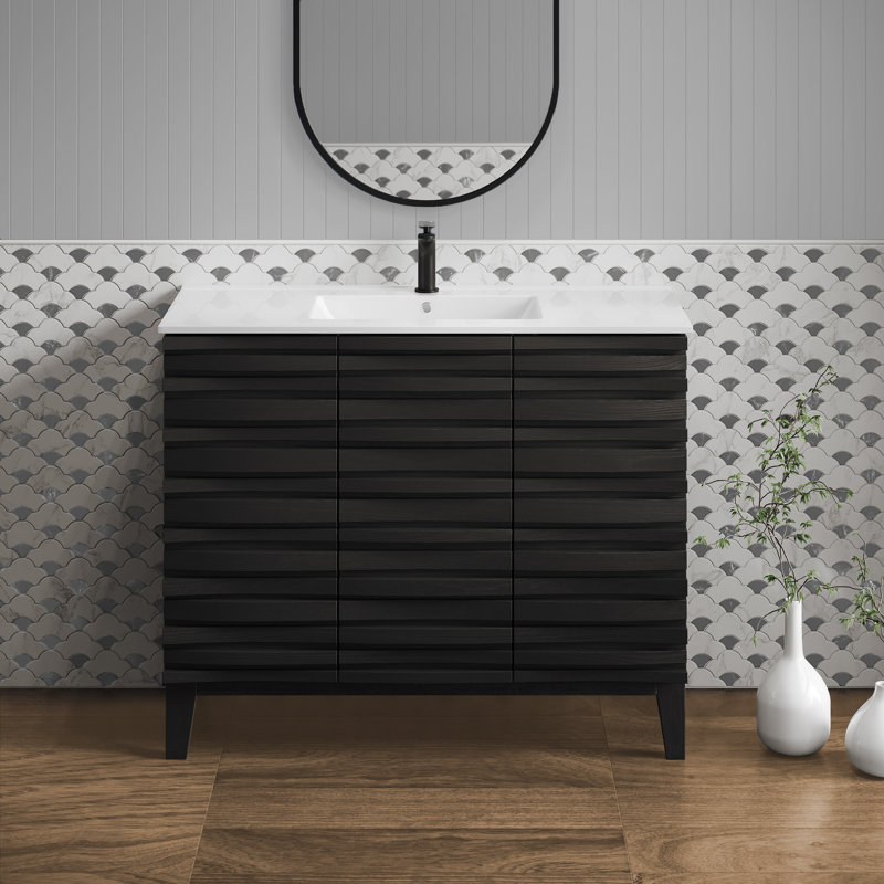 Meuble-lavabo autoportant noir de 36 po avec plateau en céramique blanc résistant aux égratignures Cascade, Noir